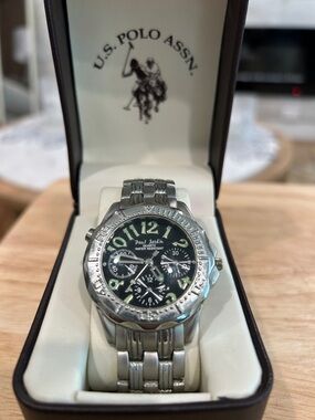 Silver US Polo Association Men's Analog Chronograph Watch with Black Dial